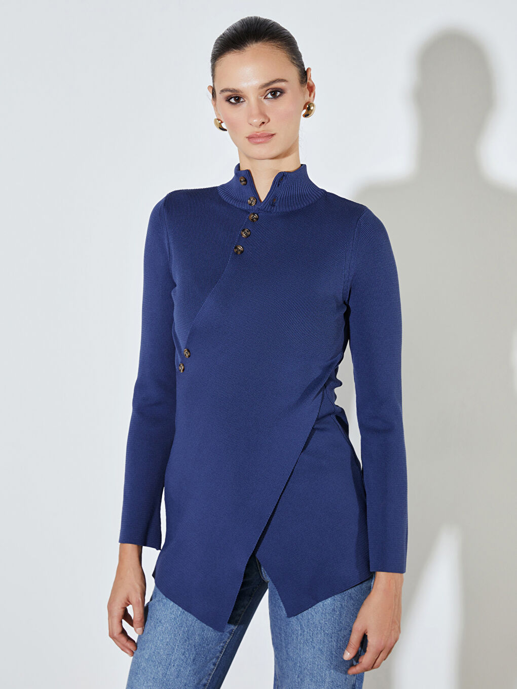 Lacivert Dik Yaka Kadın Triko Kazak