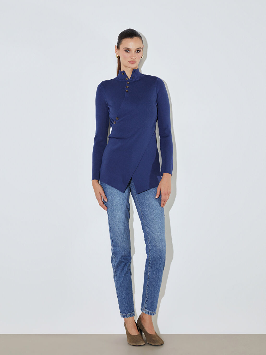 Lacivert Dik Yaka Kadın Triko Kazak-1