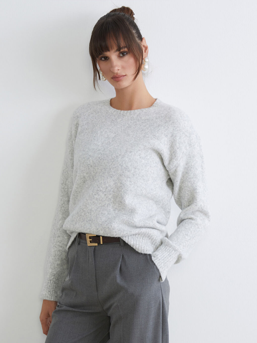 Gri Bisiklet Yaka Kadın Triko Kazak