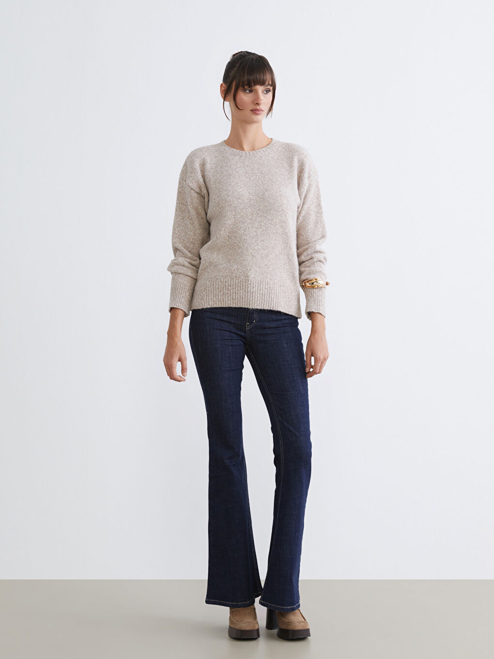 Bej Bisiklet Yaka Kadın Triko Kazak-1