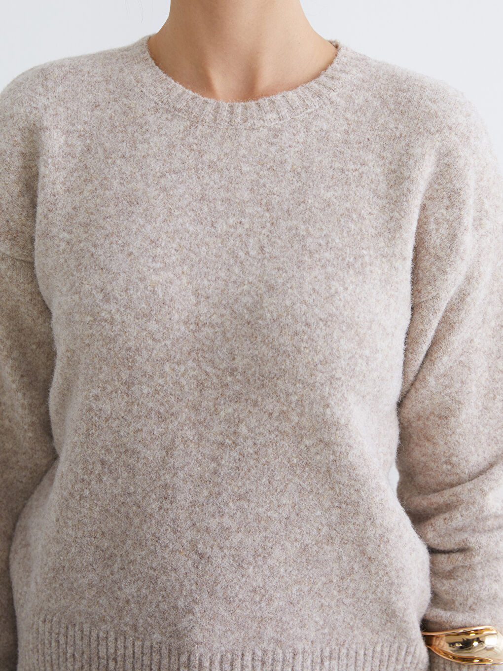 Bej Bisiklet Yaka Kadın Triko Kazak-2