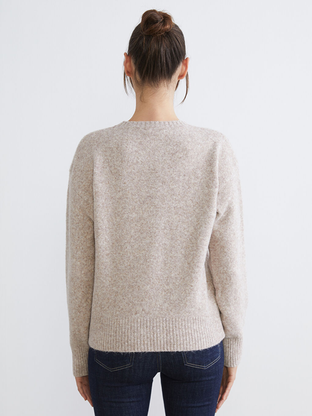 Bej Bisiklet Yaka Kadın Triko Kazak-3