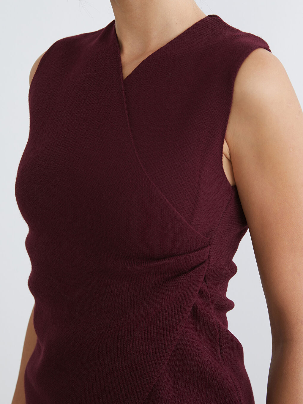 Bordo Kruvaze Yaka Büzgülü Kadın Triko Atlet-2