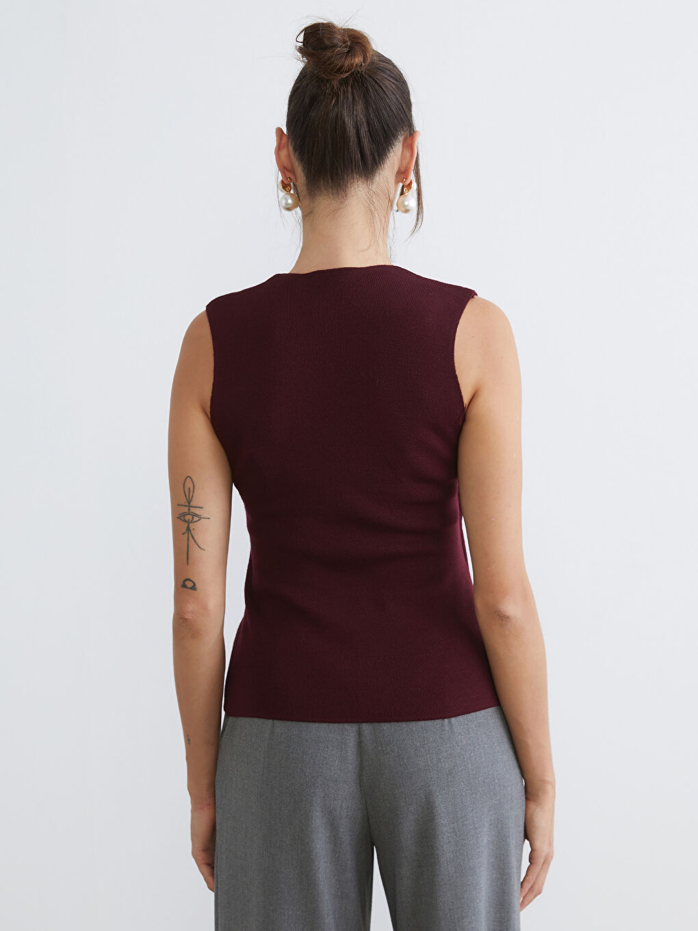 Bordo Kruvaze Yaka Büzgülü Kadın Triko Atlet-3