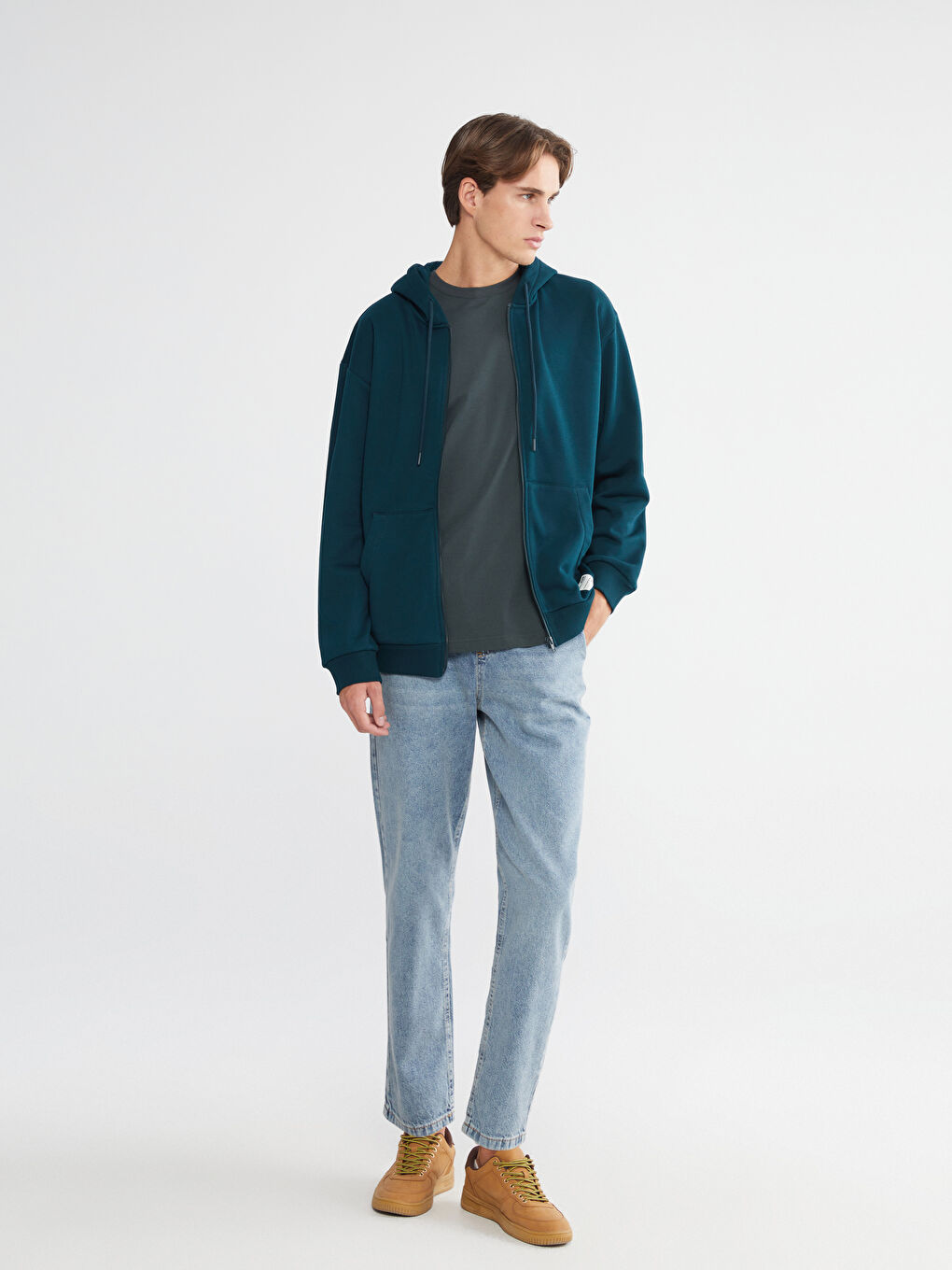 Petrol Kapüşonlu Erkek Kalın Fermuarlı Sweatshirt-1