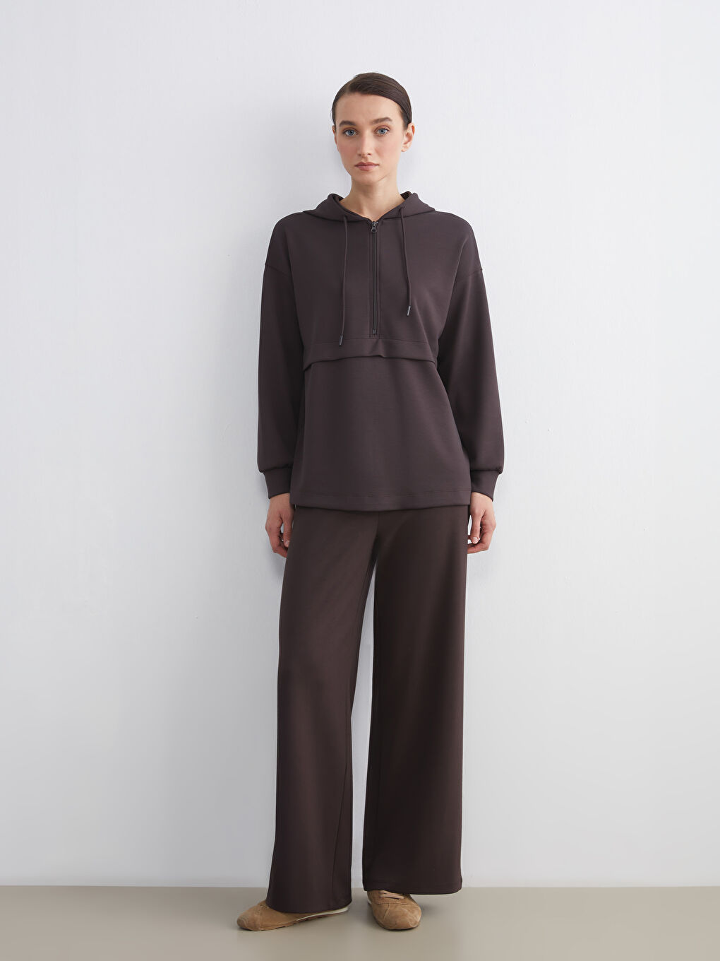 Kahverengi Beli Lastikli Geniş Paça Kadın Eşofman Altı