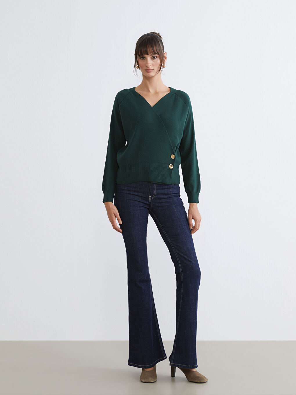 Petrol Kruvaze Yaka Kadın Triko Kazak-1