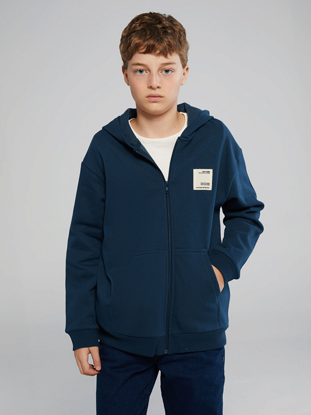 Petrol Kapüşonlu Erkek Çocuk Kalın Fermuarlı Sweatshirt