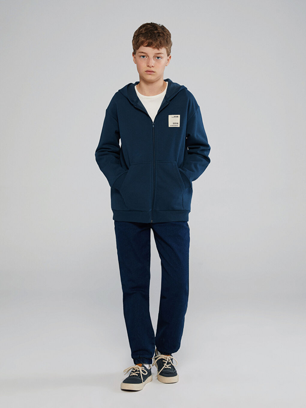 Petrol Kapüşonlu Erkek Çocuk Kalın Fermuarlı Sweatshirt-1