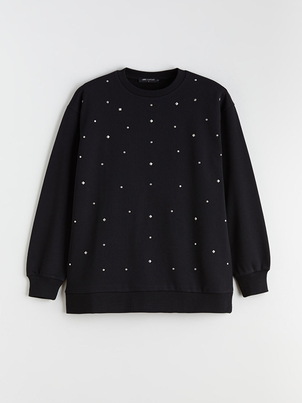 Siyah Bisiklet Yaka Taşlı Kadın Sweatshirt-4