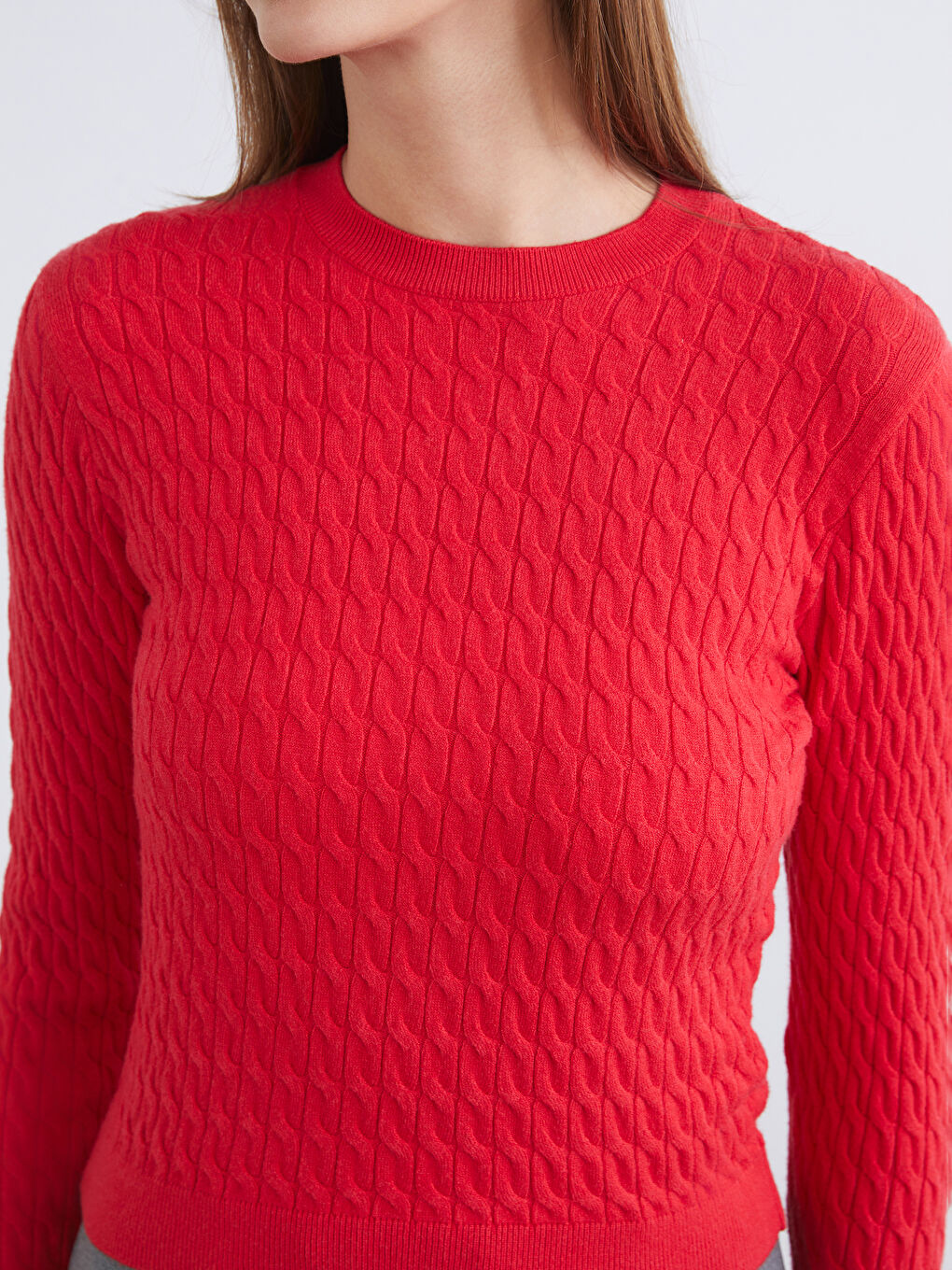 Kırmızı Bisiklet Yaka Kendinden Desenli Kadın Triko Kazak-5