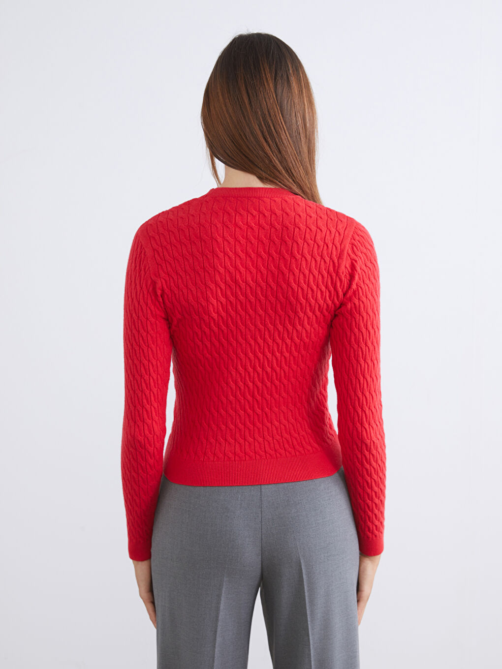 Kırmızı Bisiklet Yaka Kendinden Desenli Kadın Triko Kazak-7