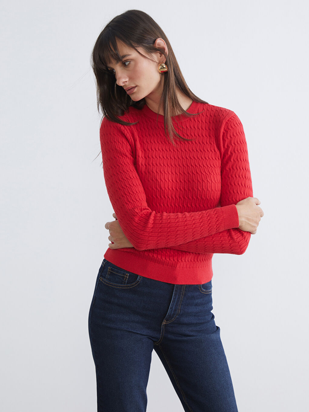 Kırmızı Bisiklet Yaka Kendinden Desenli Kadın Triko Kazak-1