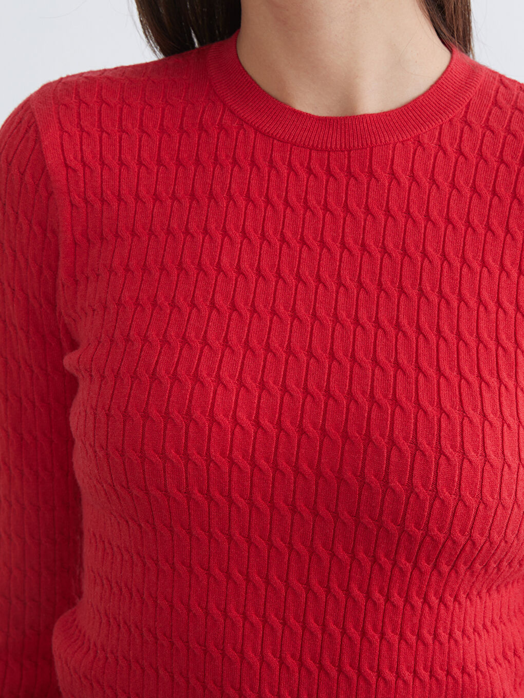 Kırmızı Bisiklet Yaka Kendinden Desenli Kadın Triko Kazak-4