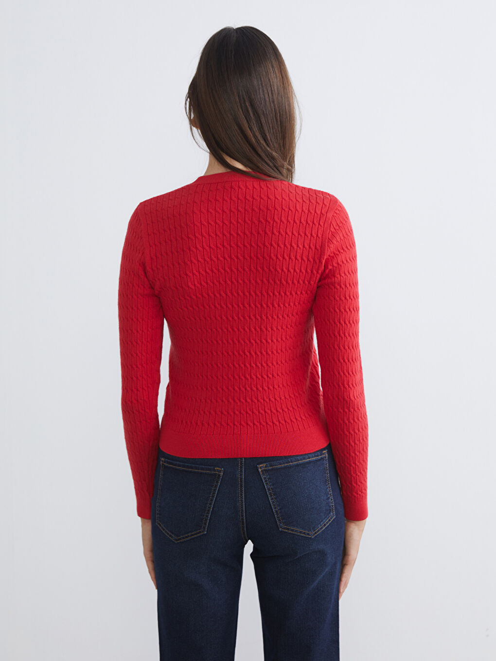 Kırmızı Bisiklet Yaka Kendinden Desenli Kadın Triko Kazak-6