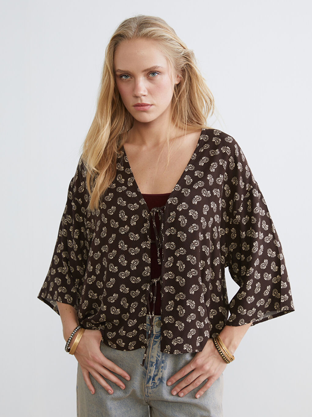 Kahverengi Bağlamalı Yaka Oversize Kadın Kimono