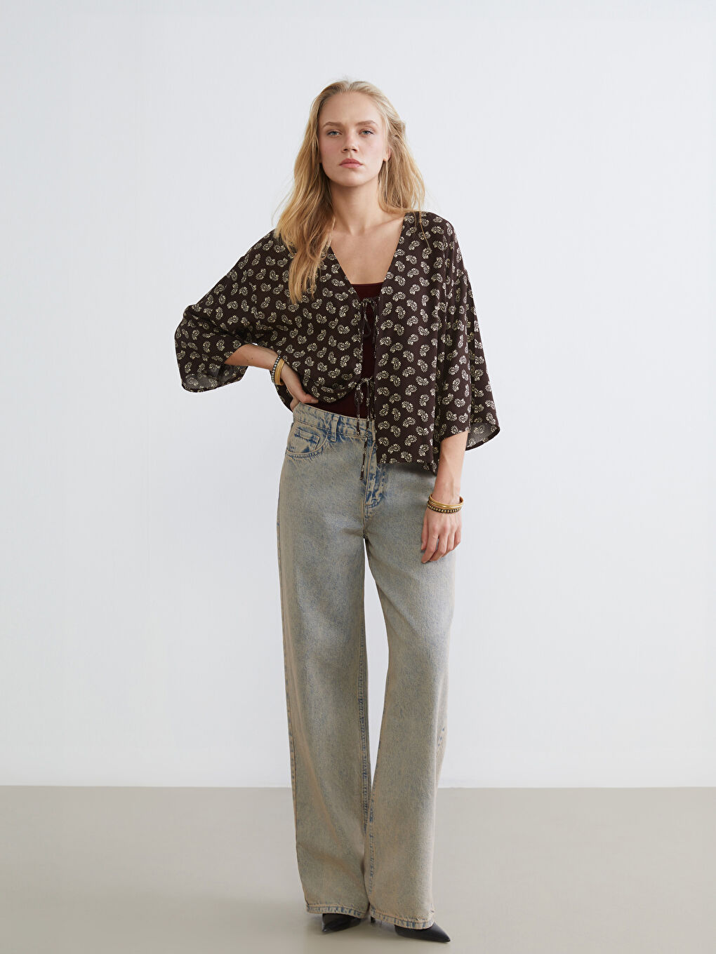 Kahverengi Bağlamalı Yaka Oversize Kadın Kimono-1