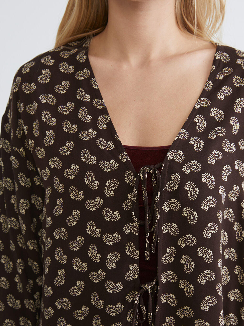 Kahverengi Bağlamalı Yaka Oversize Kadın Kimono-2