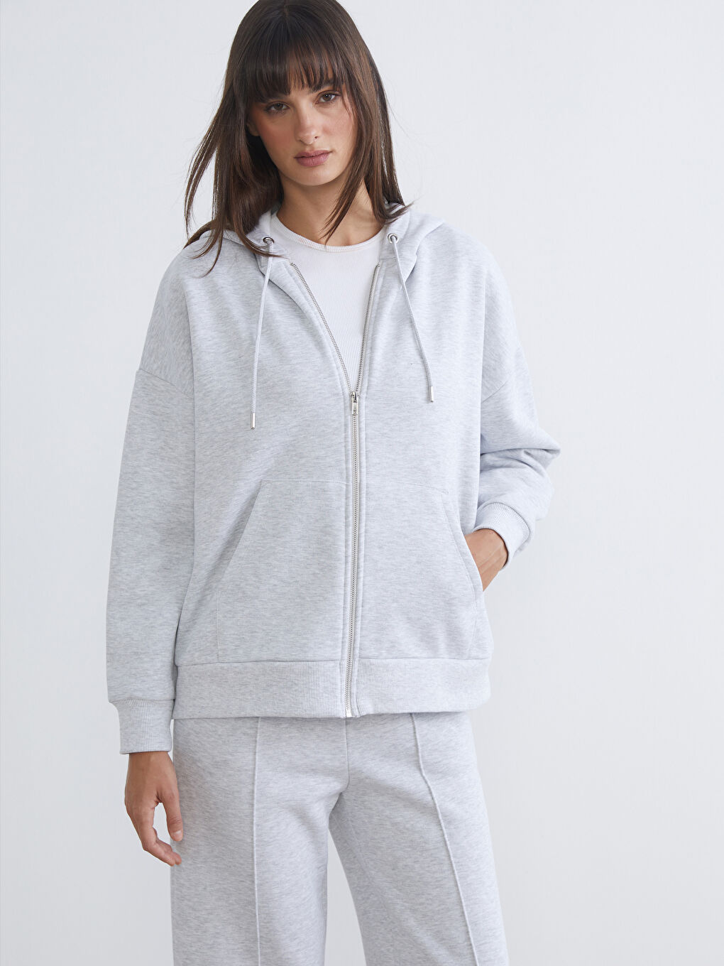 Gri Oversize Kadın Kalın Fermuarlı Sweatshirt