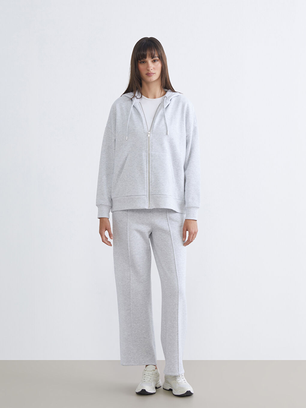 Gri Oversize Kadın Kalın Fermuarlı Sweatshirt-1