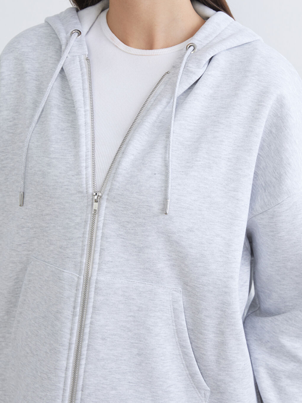 Gri Oversize Kadın Kalın Fermuarlı Sweatshirt-2
