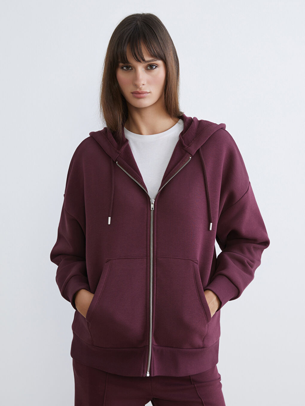 Mürdüm Oversize Kadın Kalın Fermuarlı Sweatshirt