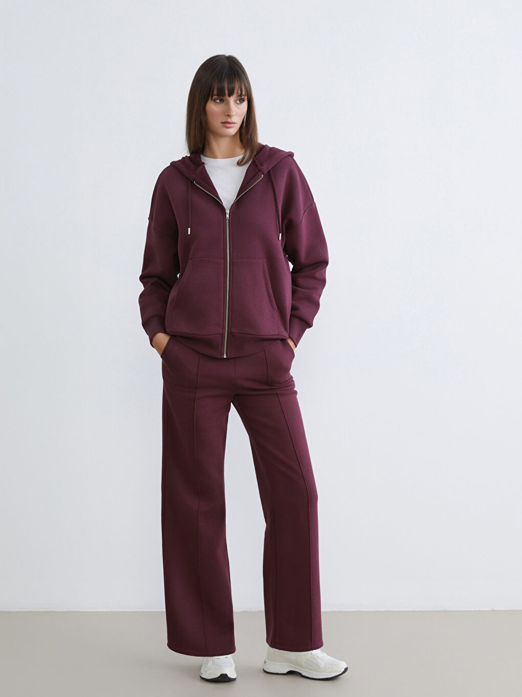 Mürdüm Oversize Kadın Kalın Fermuarlı Sweatshirt-1