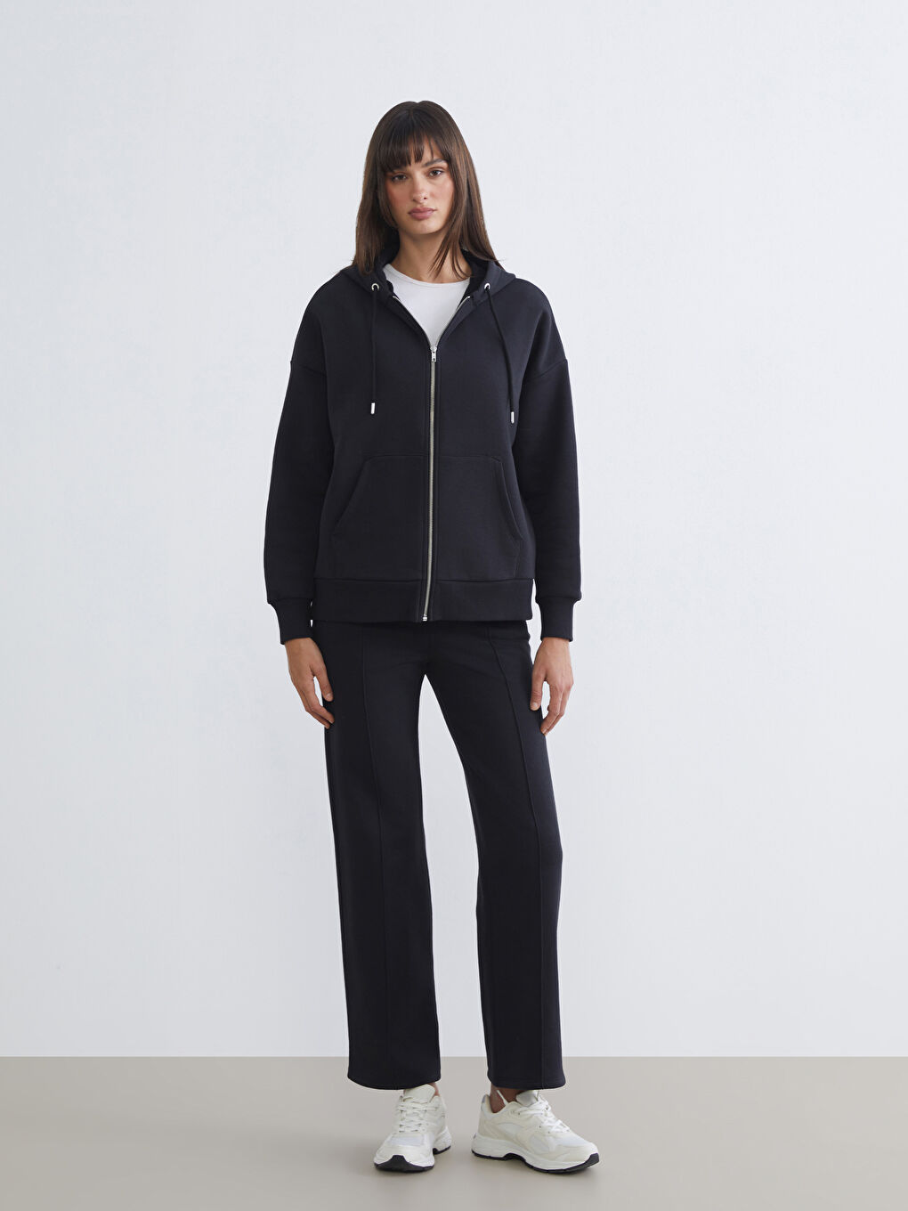 Siyah Oversize Kadın Kalın Fermuarlı Sweatshirt-1