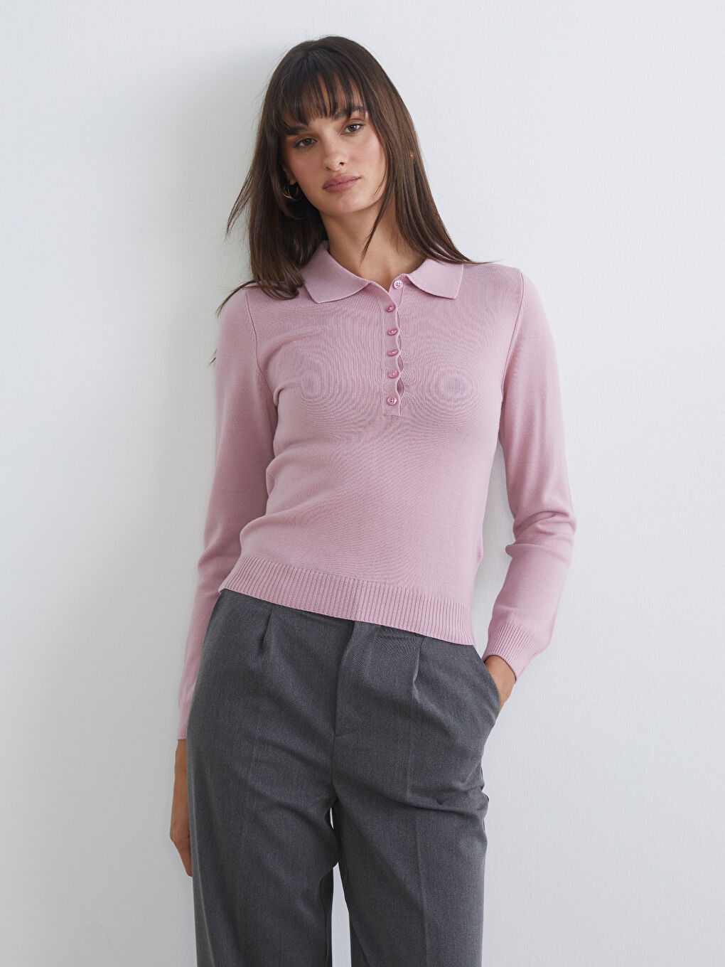 Lila Polo Yaka Kadın Triko Kazak