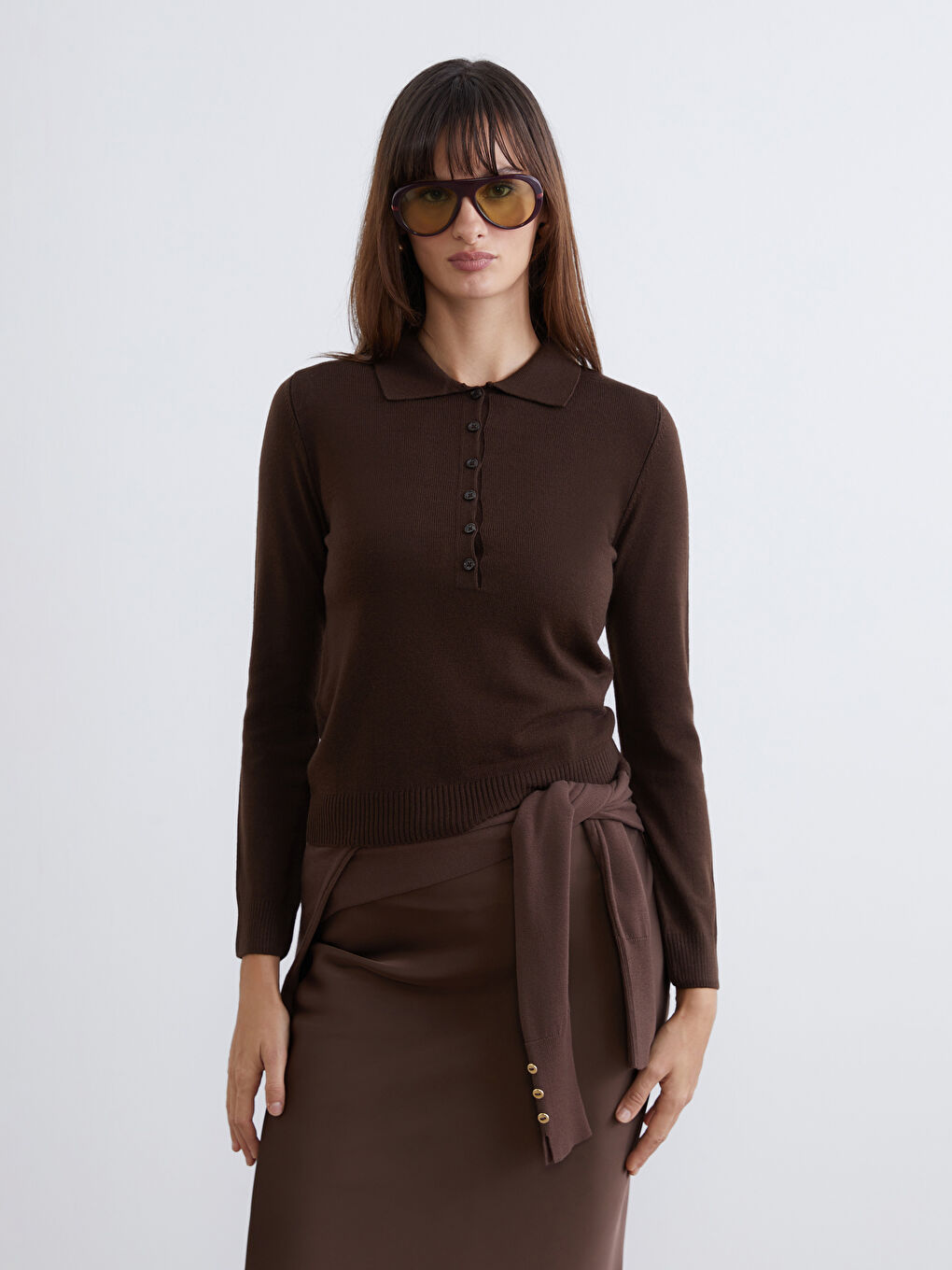 Kahverengi Polo Yaka Kadın Triko Kazak