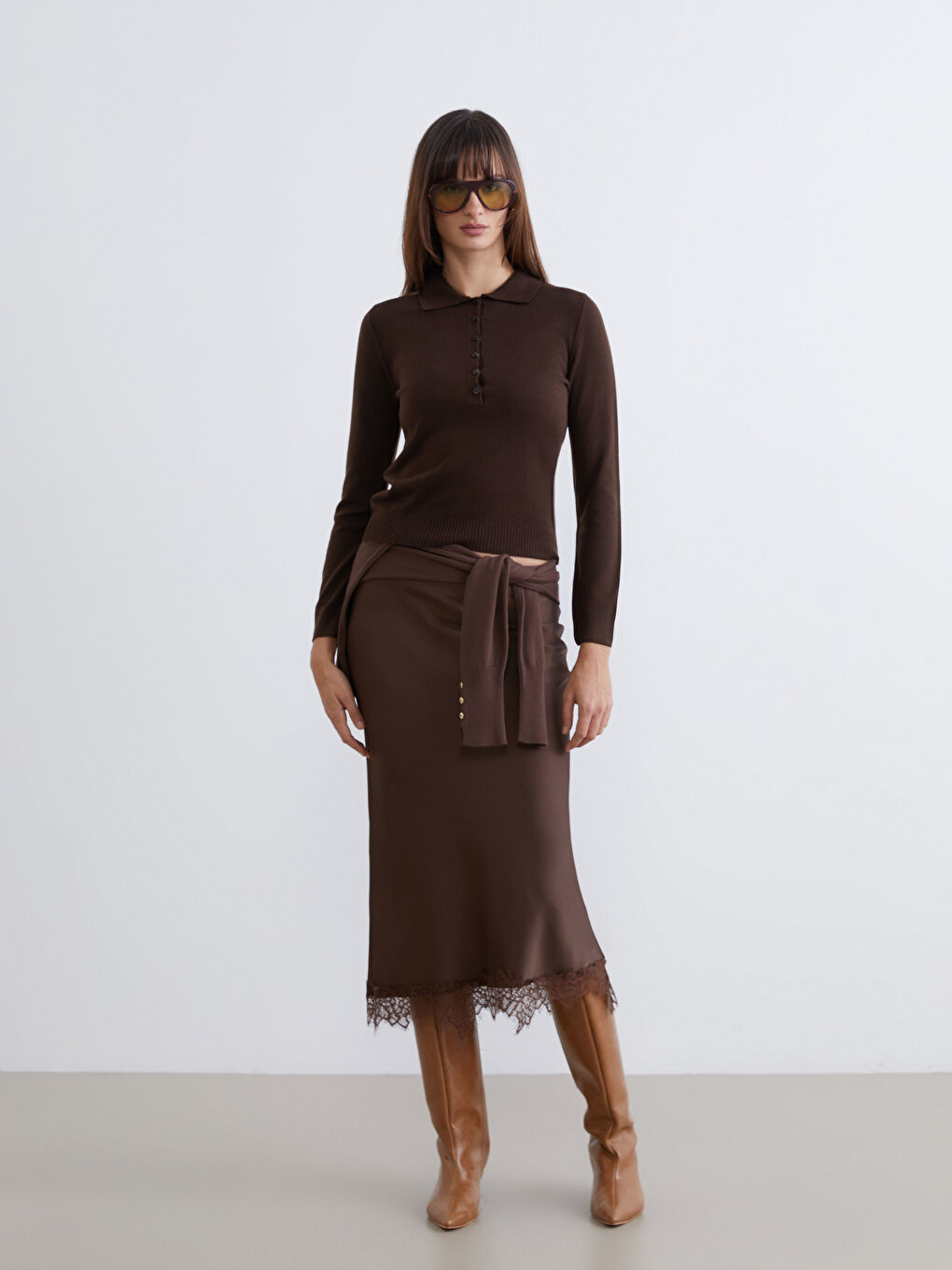 Kahverengi Polo Yaka Kadın Triko Kazak-1