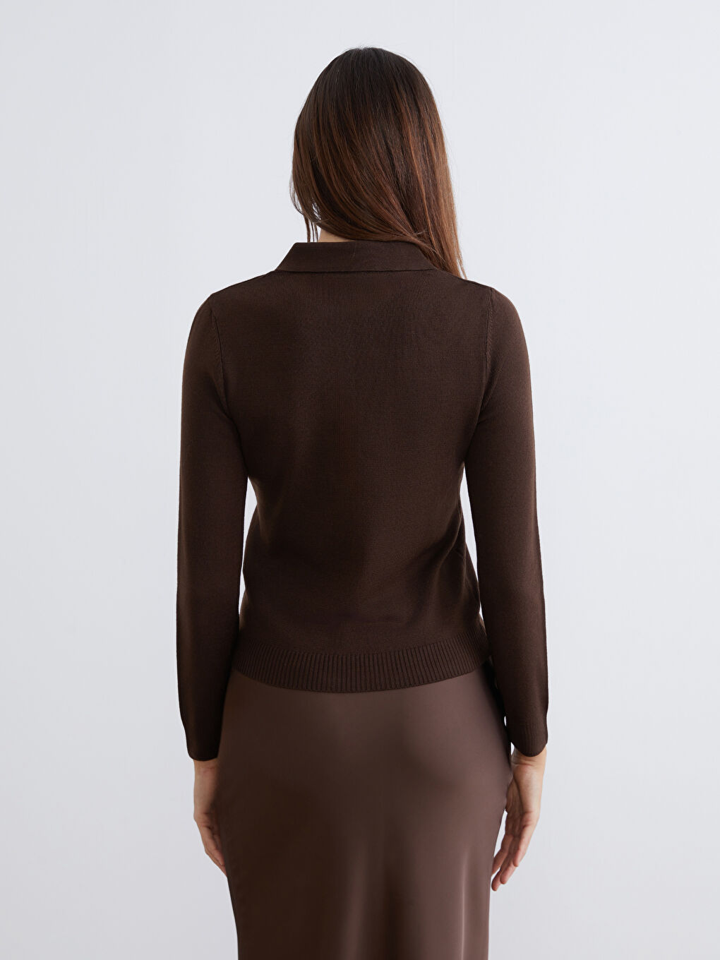 Kahverengi Polo Yaka Kadın Triko Kazak-3