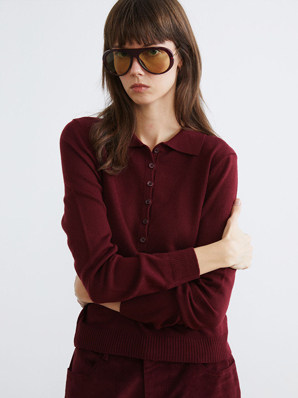 Bordo Polo Yaka Kadın Triko Kazak