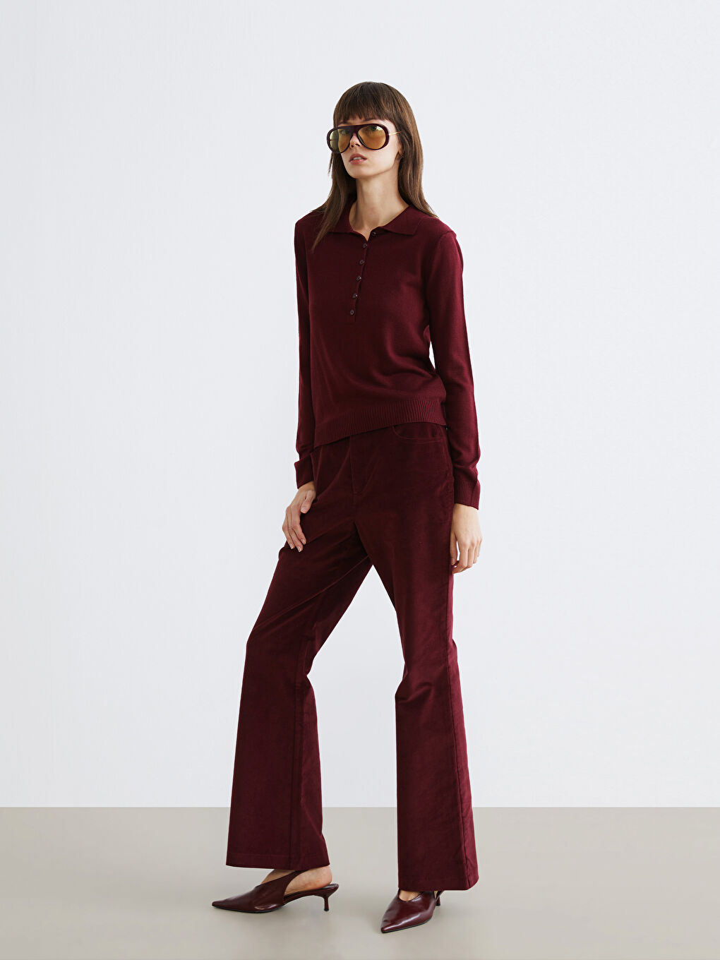 Bordo Polo Yaka Kadın Triko Kazak-1