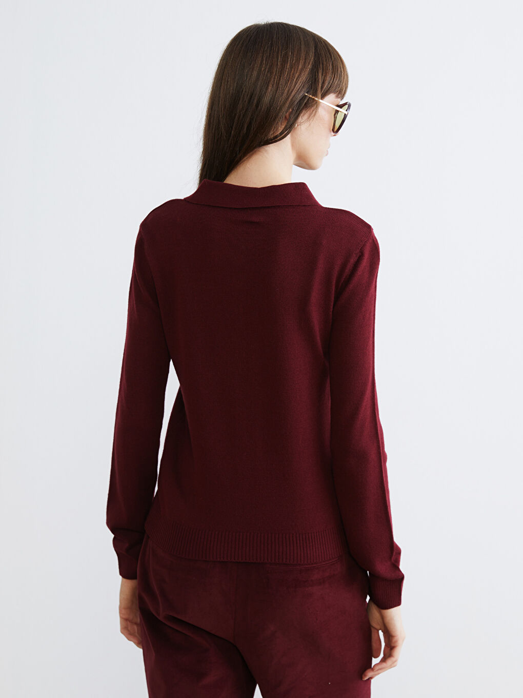 Bordo Polo Yaka Kadın Triko Kazak-3