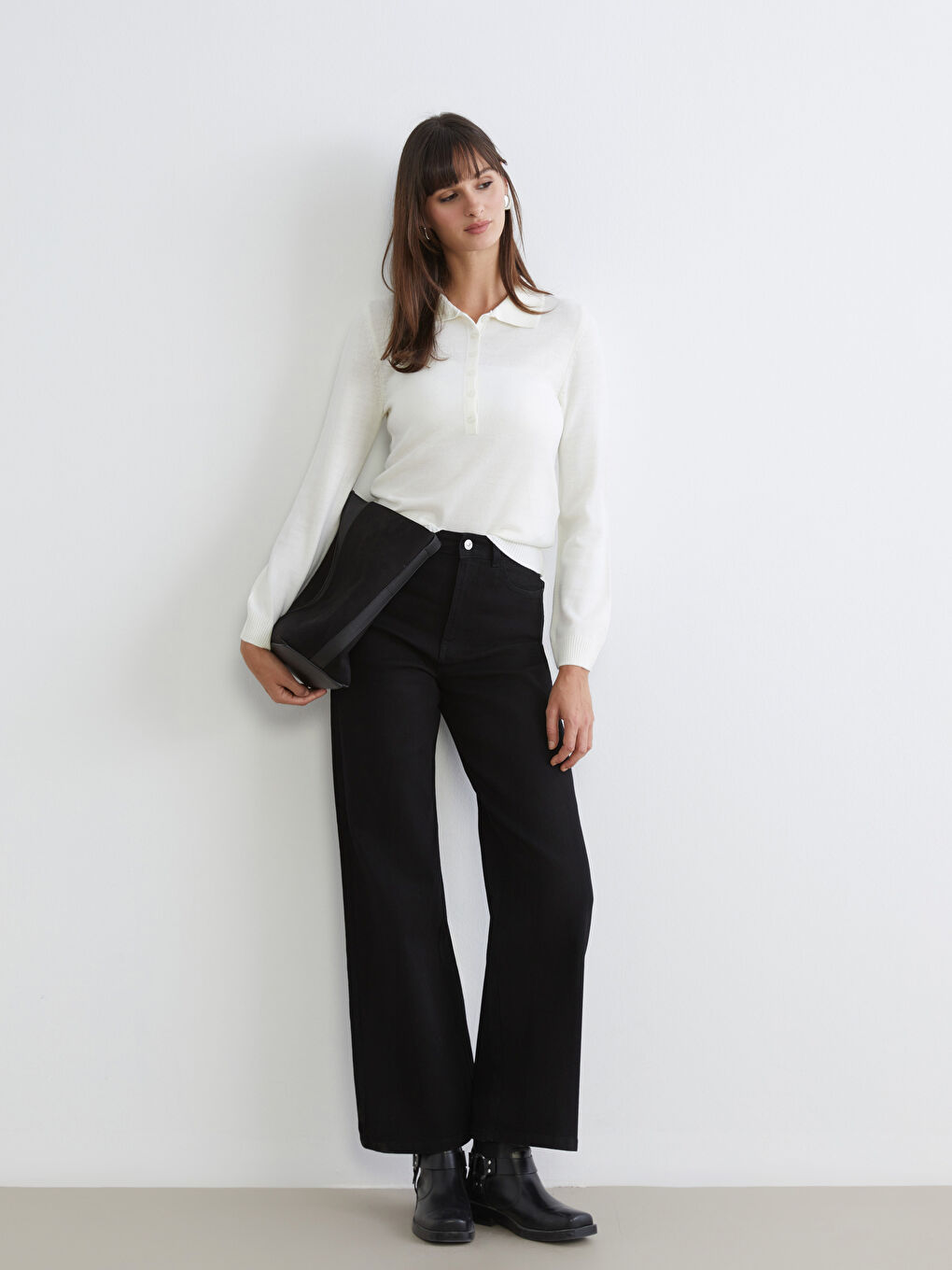 Ekru Polo Yaka Kadın Triko Kazak-1