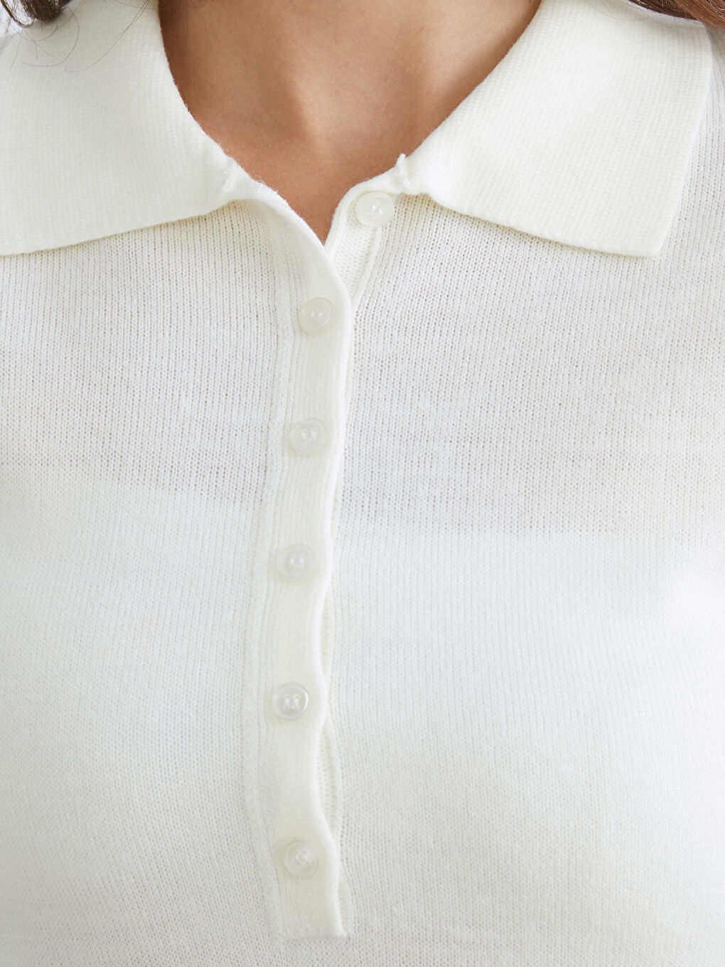 Ekru Polo Yaka Kadın Triko Kazak-2