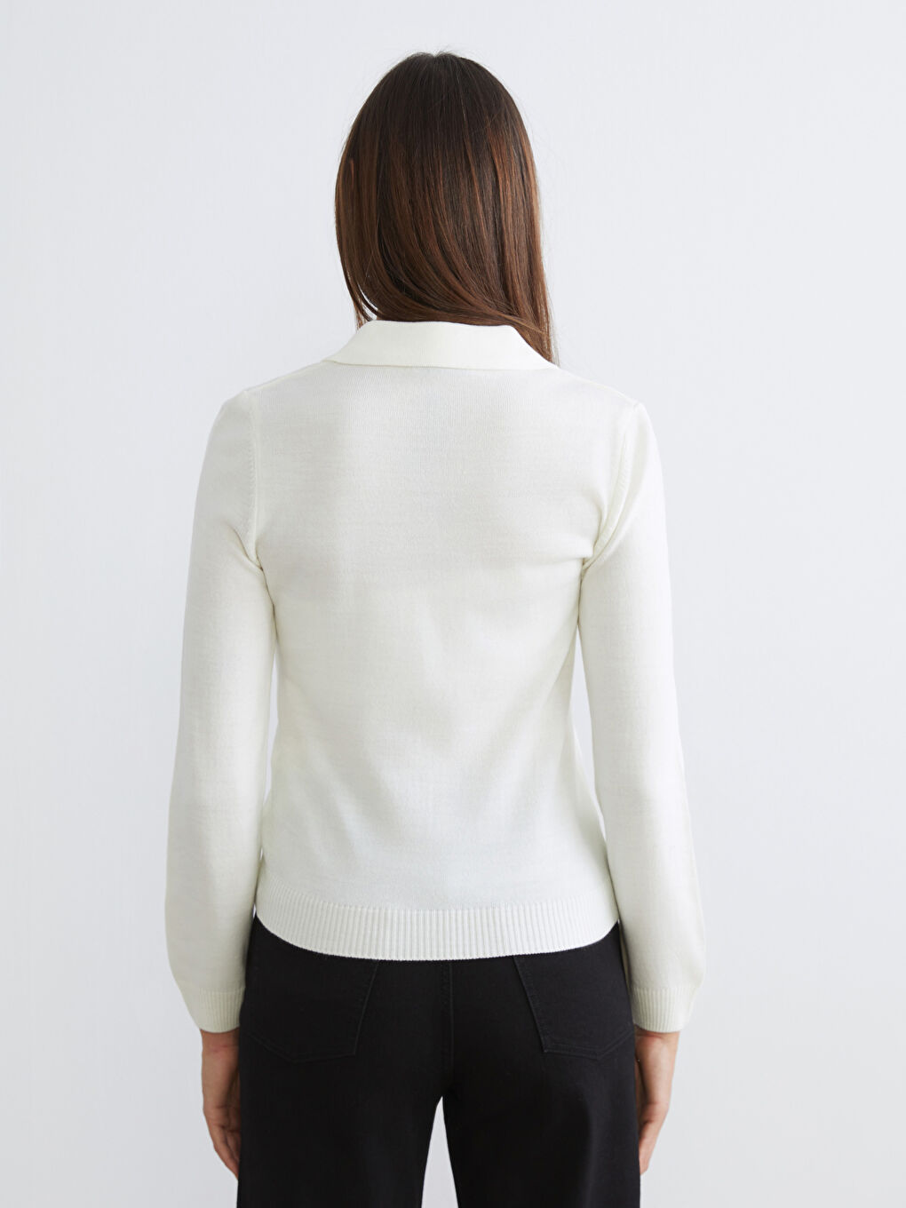 Ekru Polo Yaka Kadın Triko Kazak-3