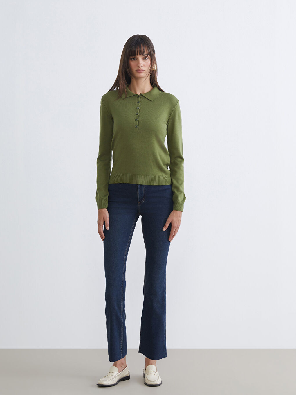 Yeşil Polo Yaka Kadın Triko Kazak-1