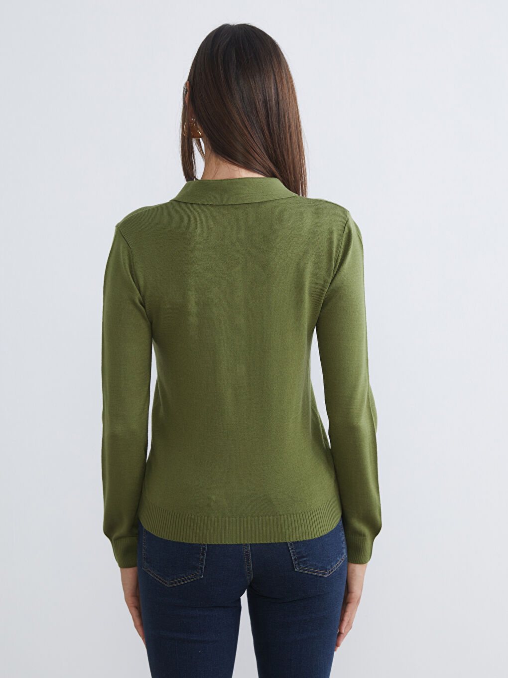Yeşil Polo Yaka Kadın Triko Kazak-3