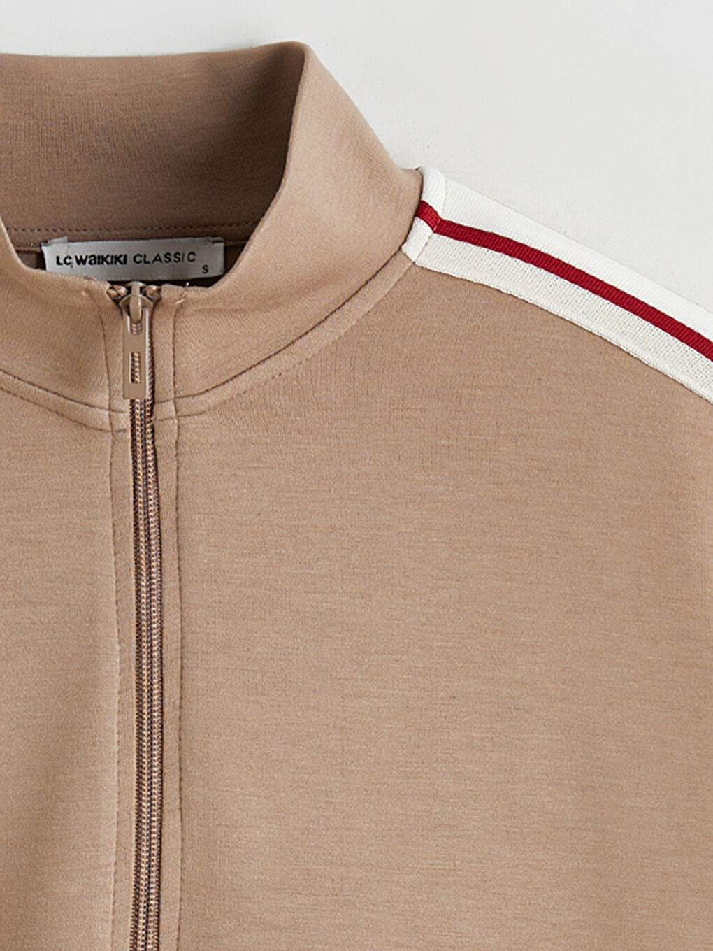 Kahverengi Dik Yaka Şerit Detaylı Kadın Fermuarlı Sweatshirt-5