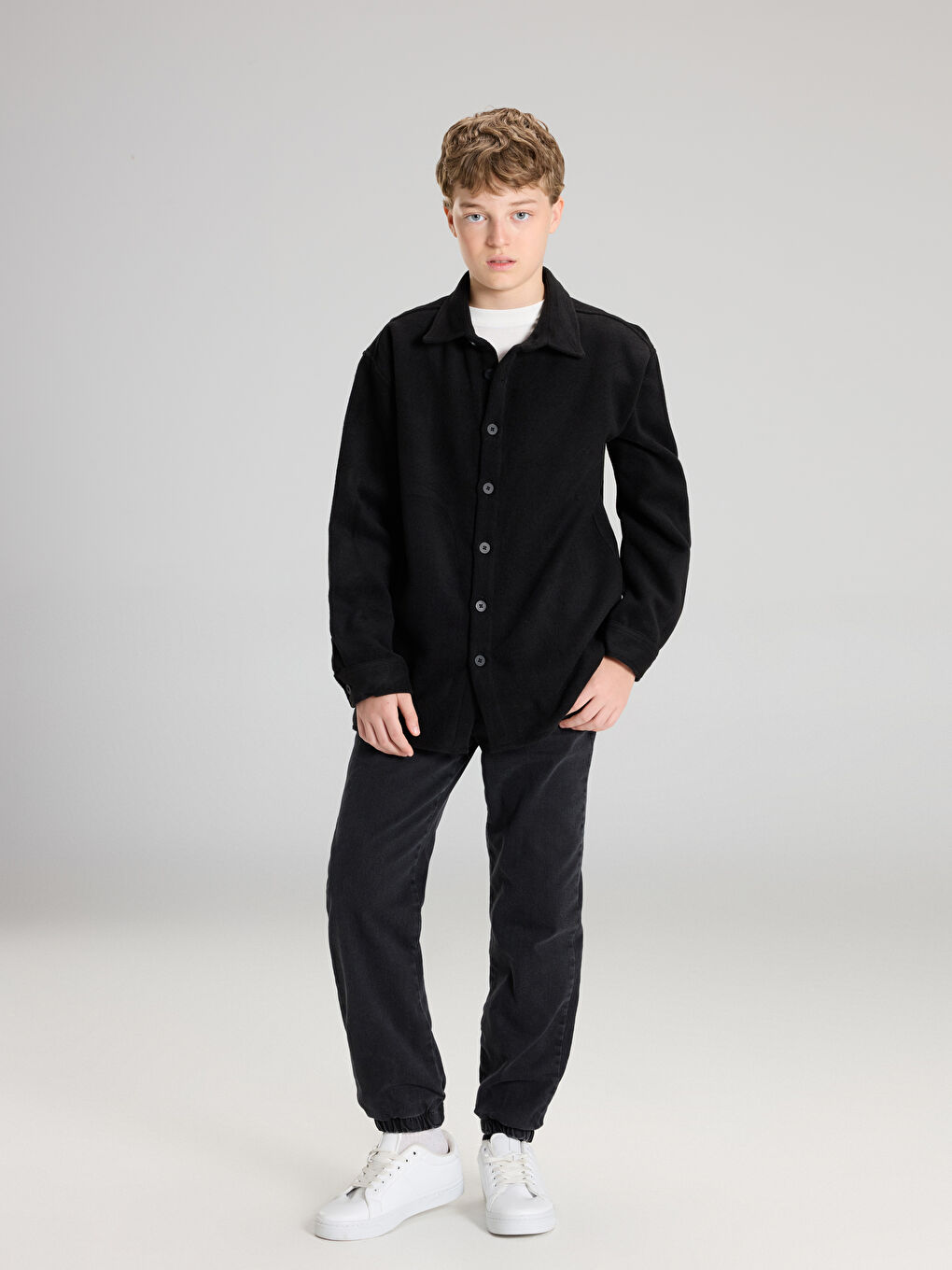 Siyah Basic Erkek Çocuk Kaşe Gömlek Ceket-1