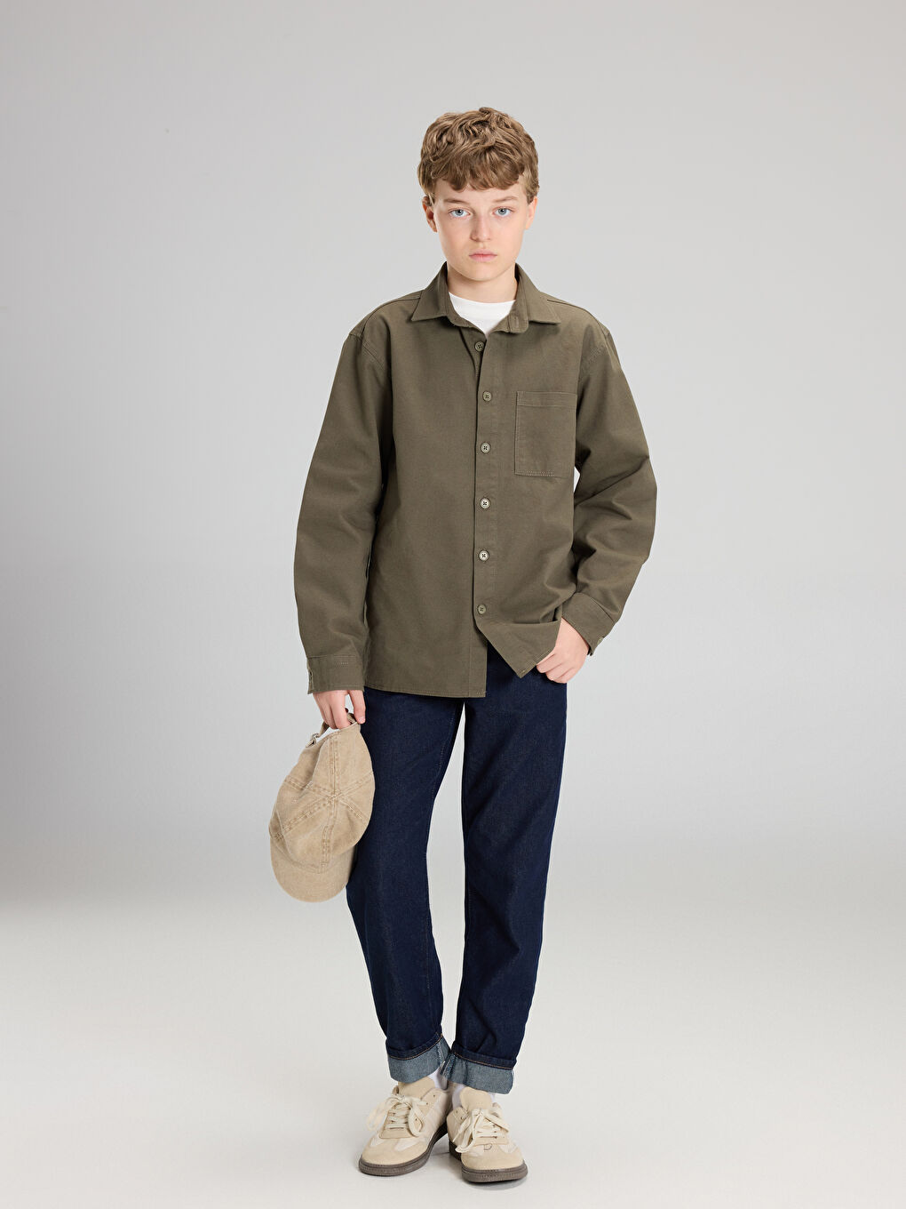 Haki Basic Uzun Kollu Erkek Çocuk Gömlek-1