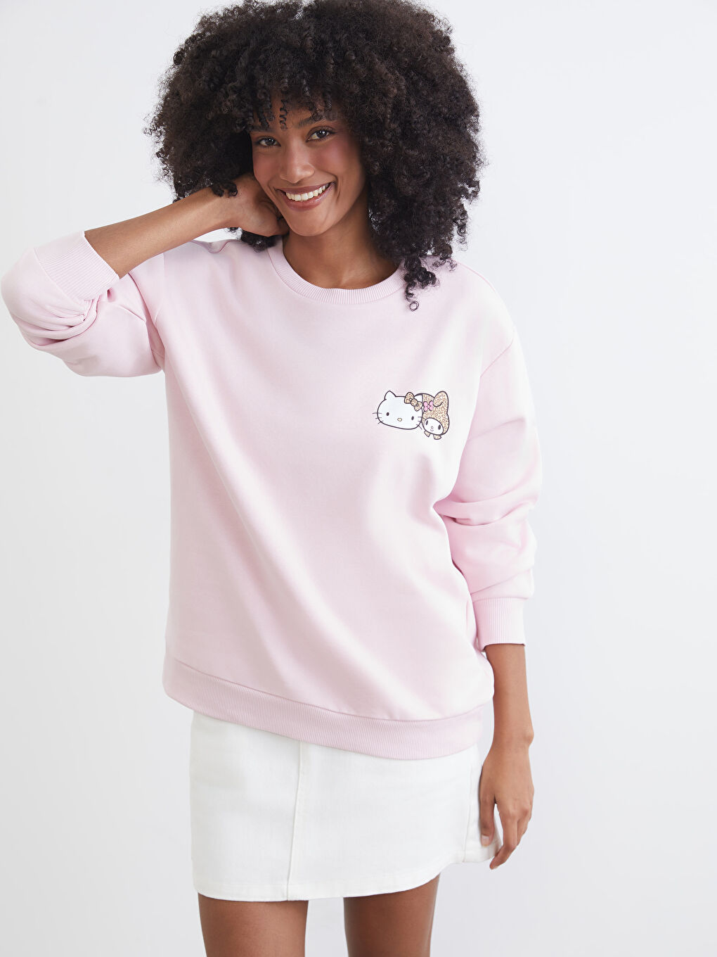 Pembe Hello Kitty Baskılı Oversize Kadın Kalın Sweatshirt