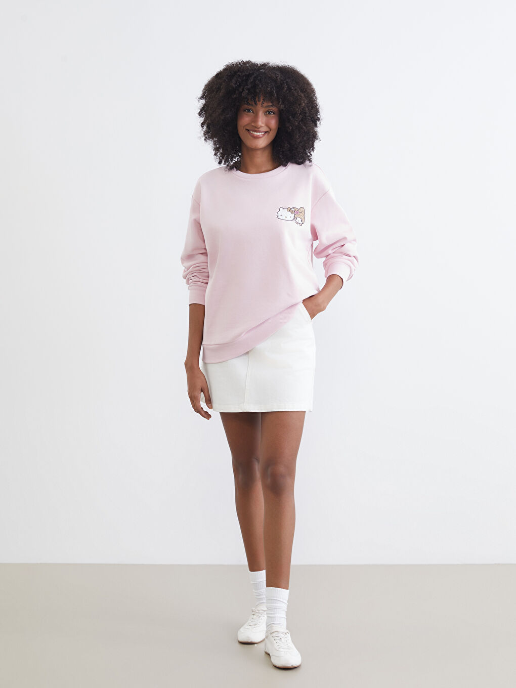 Pembe Hello Kitty Baskılı Oversize Kadın Kalın Sweatshirt-1