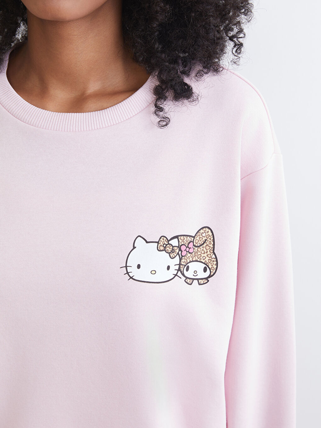 Pembe Hello Kitty Baskılı Oversize Kadın Kalın Sweatshirt-2