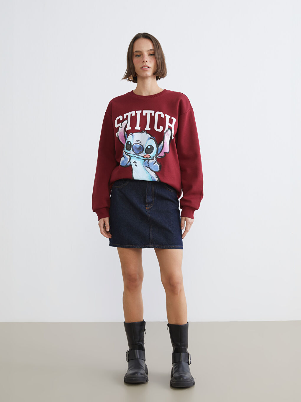 Bordo Stitch Baskılı Oversize Kadın Kalın Sweatshirt-1