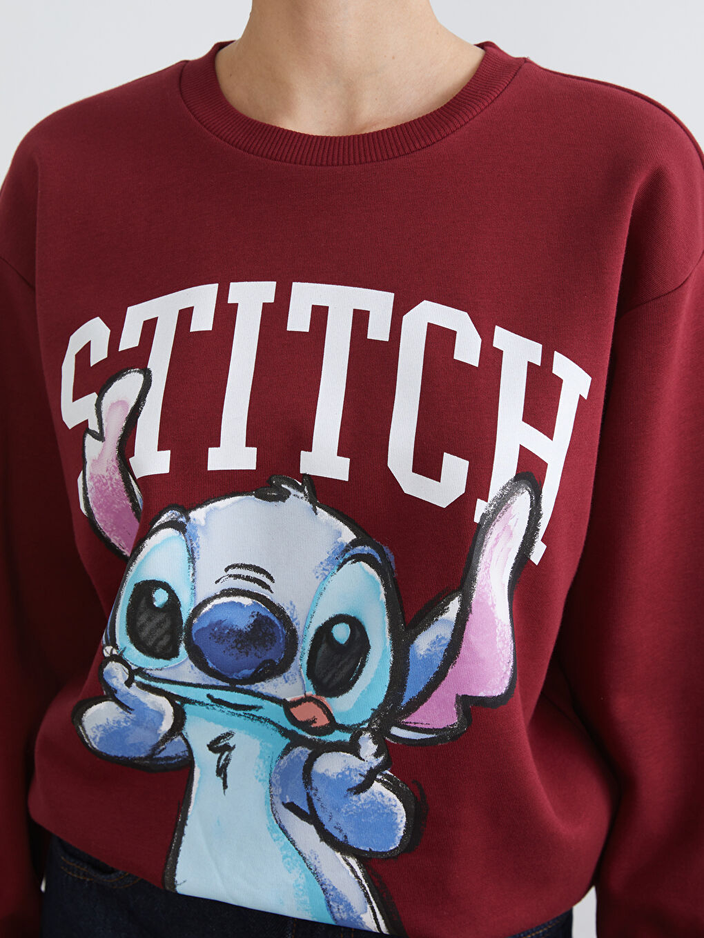 Bordo Stitch Baskılı Oversize Kadın Kalın Sweatshirt-2