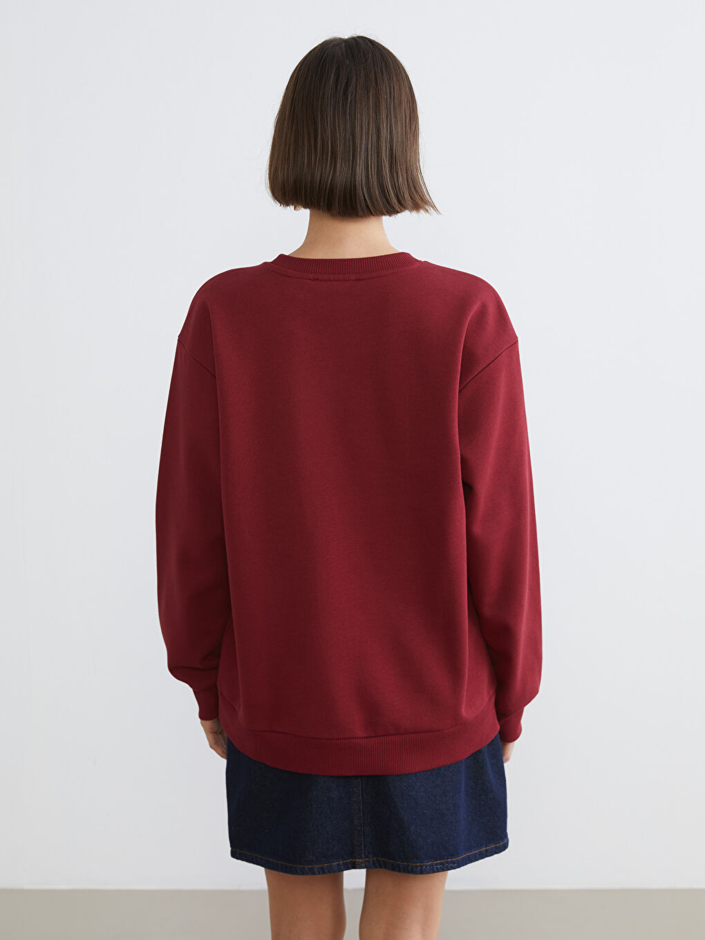 Bordo Stitch Baskılı Oversize Kadın Kalın Sweatshirt-3
