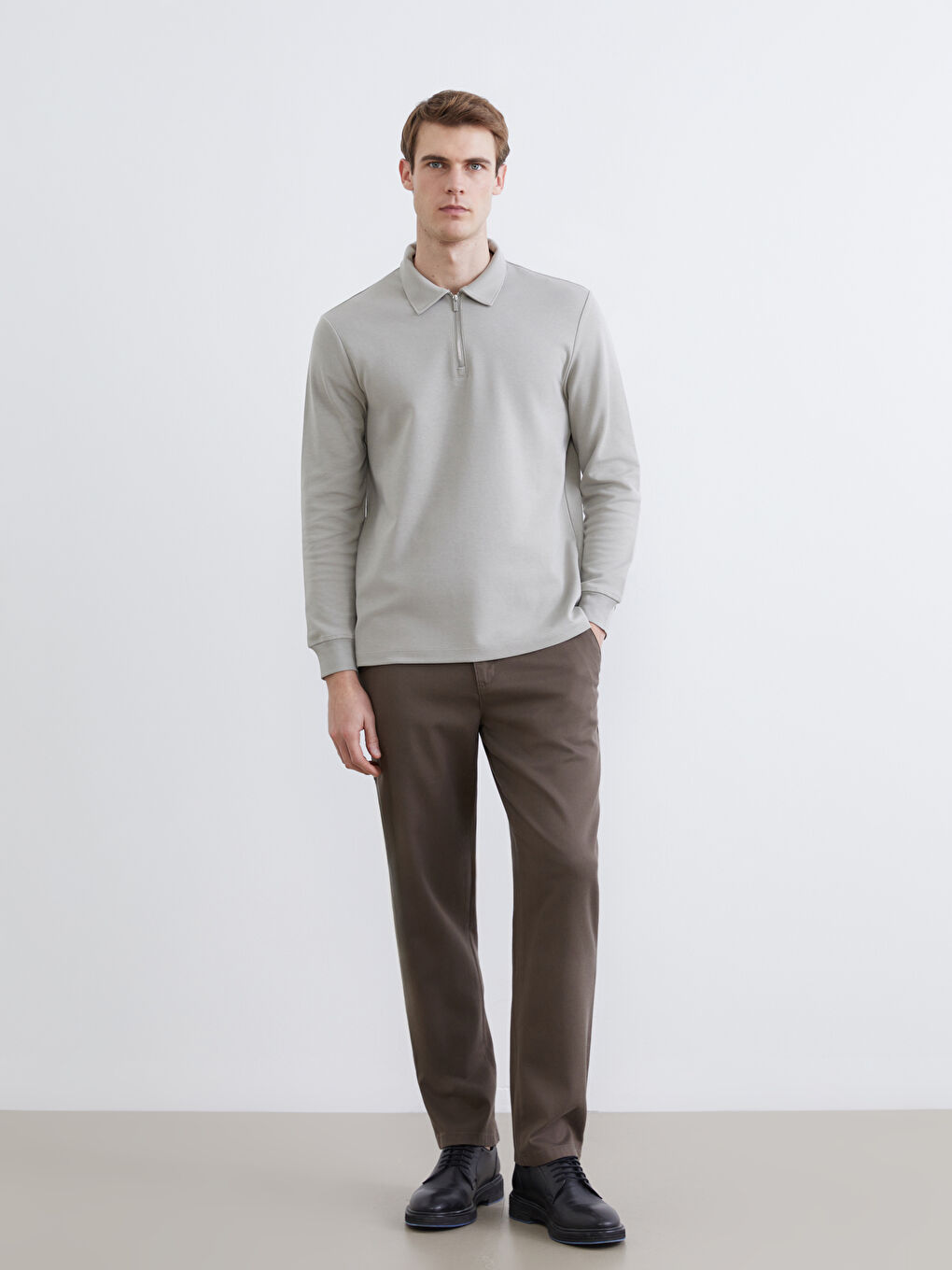 Gri Polo Yaka Erkek Sweatshirt-1